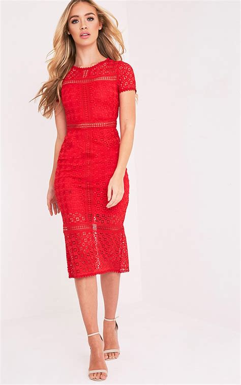 Midira Premium Red Crochet Lace Midi Dress Dresses