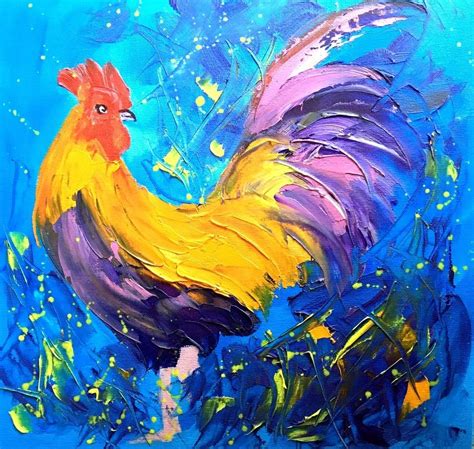 Rooster Oil Painting Palette Knife Art Beautiful Painting Chicken