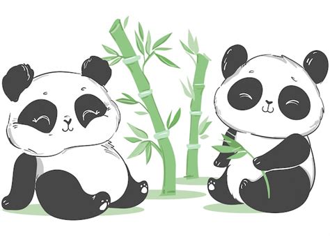 Lindo Panda Y Bambú Ilustración Personaje Animado Vector Premium
