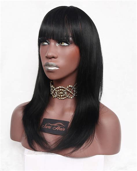 22 Female Long Straight Synthetic Wig With Bangs African American Heat