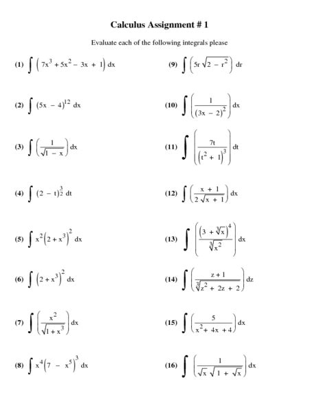 Calculus Assignment 1 Integrals Worksheet For 10th 12th Grade