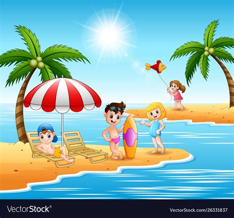 Children Enjoying A Summer Vacation On Beach Vector Image
