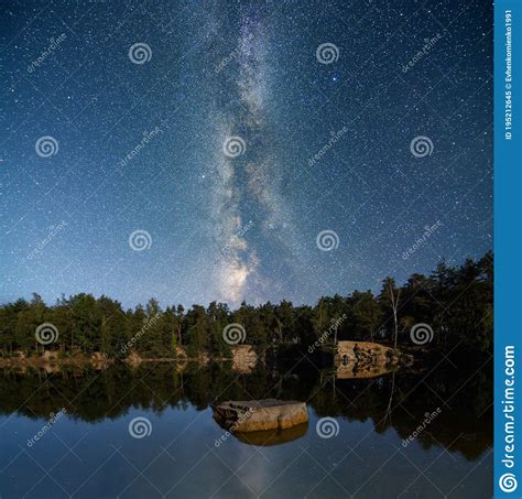 Lake At Night With Milky Way Reflection On Water Stock Image Image Of