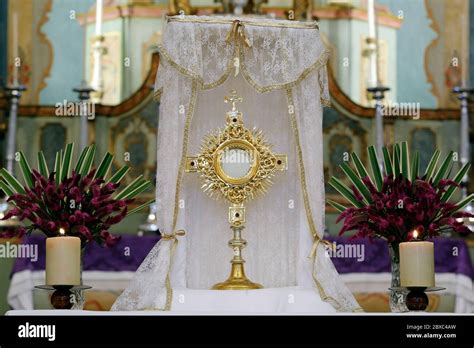 Ostensory For Worship At A Catholic Church Ceremony Adoration To The