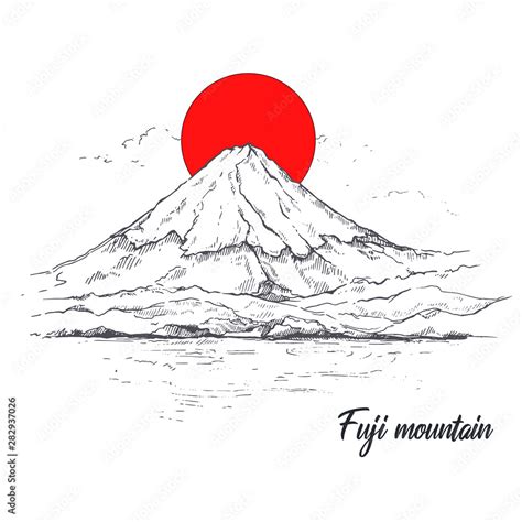 Fototapeta Kuchenna Illustration Mount Fuji And Red Sun Sketch Japan