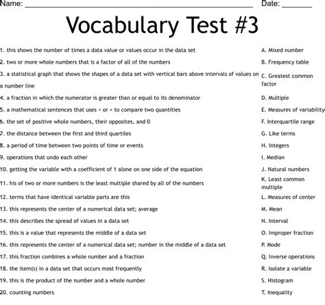 Vocabulary Test 3 Worksheet Wordmint