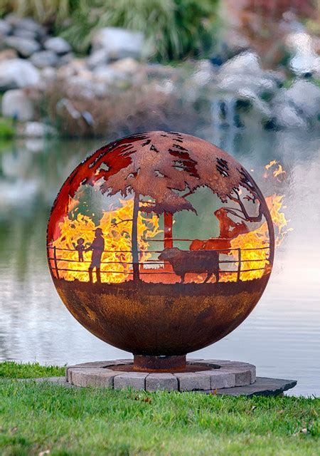 Round Up 37 Ranch Steel Fire Pit Sphere With Flat Steel Base Rustic