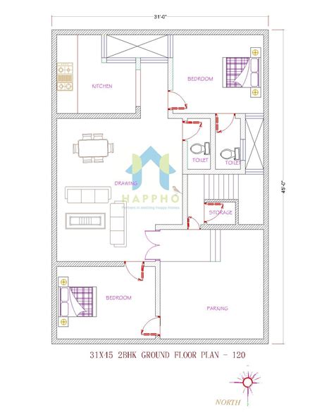 31x45 North Facing Plot 2 Bhk House Plan 120 Happho