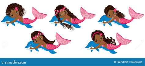 Vector Cute Little Mermaids Swimming With Dolphins Vector African