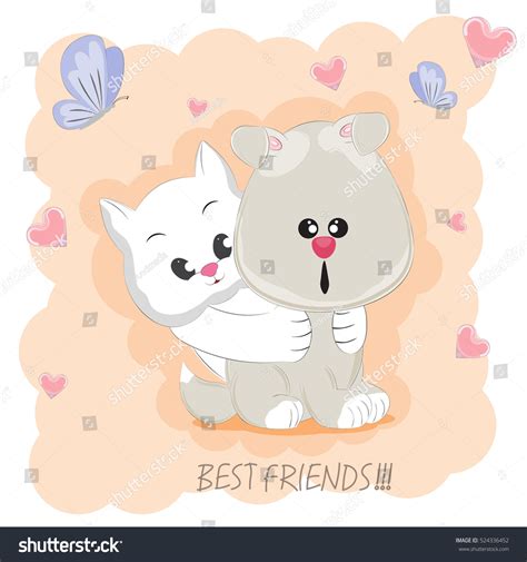 Cute Best Friends Cat Dog Pink Stock Vector 524336452