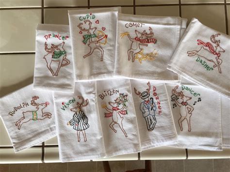 Set Of 9 Hand Embroidered Kitchen Towels With Reindeer Theme Etsy