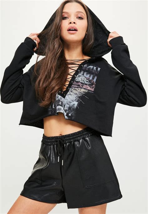 Missguided Black Lace Up Graphic Cropped Hoodie