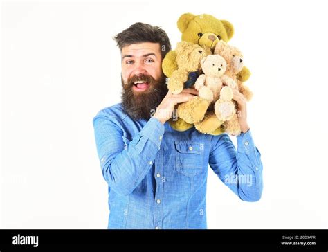 Man Holds Teddy Bears On White Background Pretty Toy Concept Man With