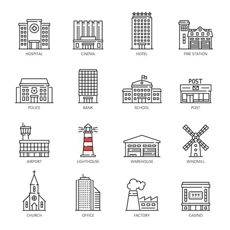 Premium Vector City Municipal Commercial Buildings Outline Icons