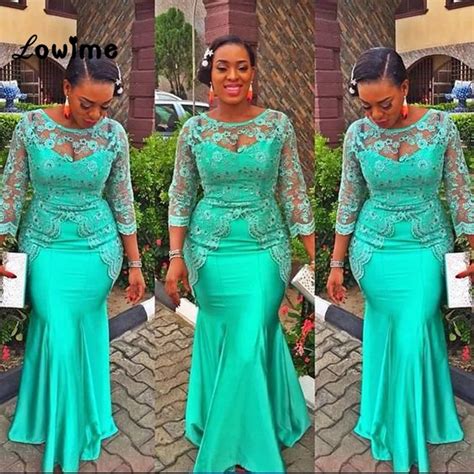 34 Sleeve African Green Mermaid Formal Evening Party Dress Elegant Turkish Nigerian Lace