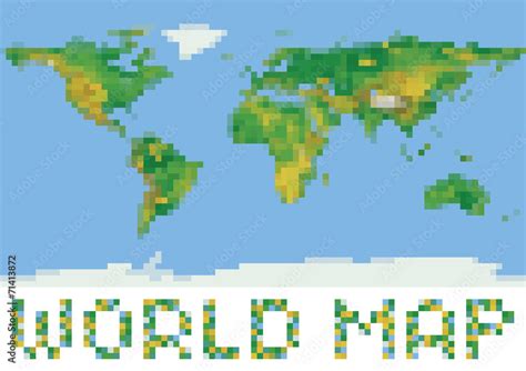 Pixel Art Style World Physical Map With Green And Yellow Relief Stock