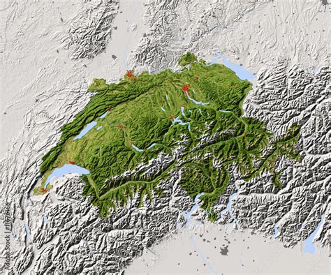 Switzerland Shaded Relief Map Colored For Vegetation Stock