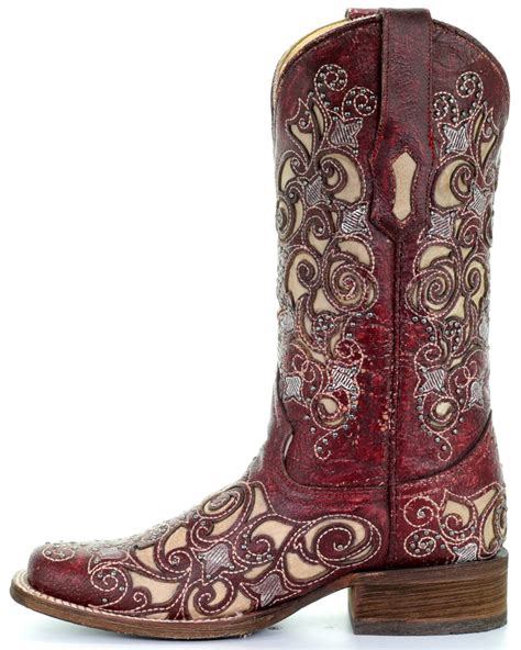 Corral Womens Red Embroidered Stud Inlay Cowgirl Boots Square Toe