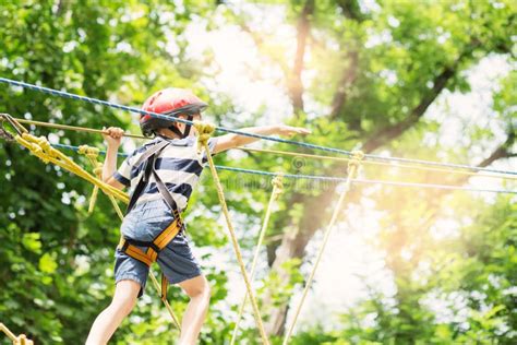 Kids Climbing In Adventure Park Boy Enjoys Climbing In The Rope Stock