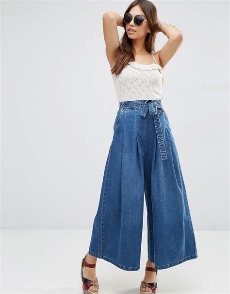 Denim Super Wide Leg Jeans With Tie Waist In Mid Wash Blue By Asos