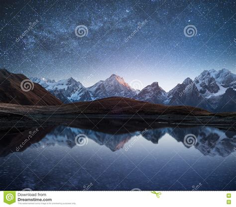 Night Landscape With A Mountain Lake And A Starry Sky