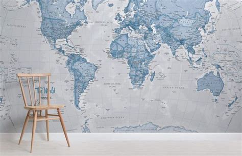 Blue World Map Wallpaper Mural World Map Wall Decor World Map