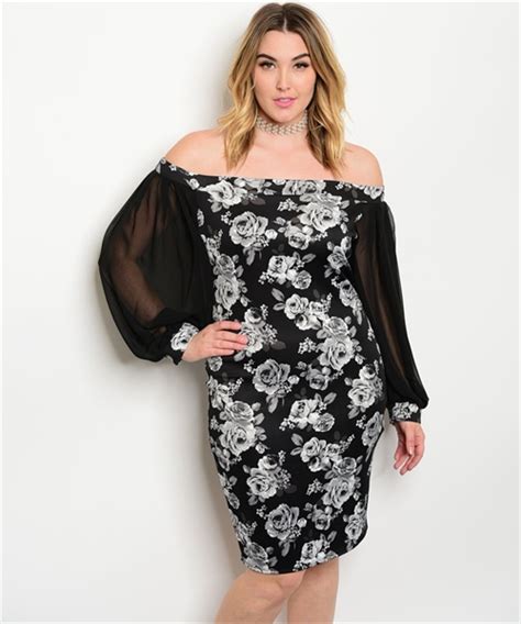 Women S Plus Size Sexy Black And White Floral Bodycon Dress Sheer Sleeves 1xl Ebay