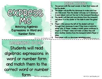 You can create printable tests and worksheets from these grade 7 algebraic expressions questions! Expressions Dominoes | Matching Algebraic Expressions ...