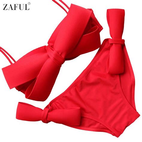 Zaful Women Sexy Swimwear Solid Swimwear Brazilian Bikini Big Bow Bandeau Beach Wear Halter