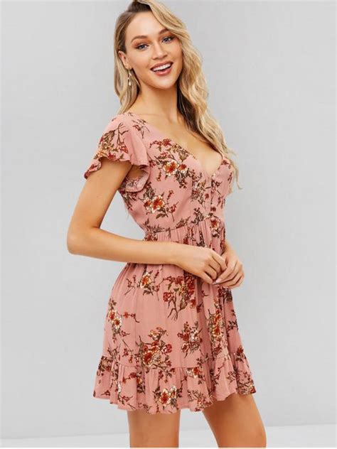 32 Off 2019 Zaful Button Up Floral A Line Dress In Pink Zaful Canada