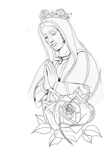 A Drawing Of The Virgin Mary Holding A Rose In Her Hands And Wearing A