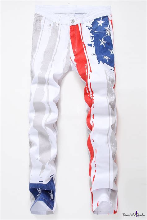 Mens New Fashion American Flag Printed White Stretch Fit Casual Jeans