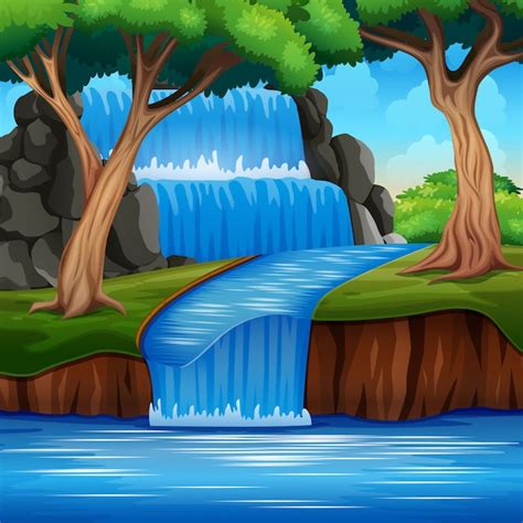 A Beautiful Waterfall Landscape In Forest Premium Vector