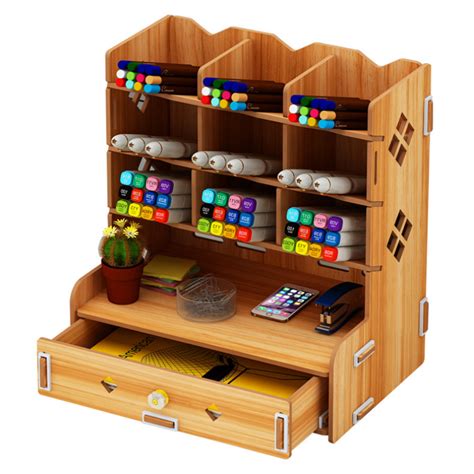 Wooden Desktop Organizer Multi Functional Diy Pen Holder Box Tilting