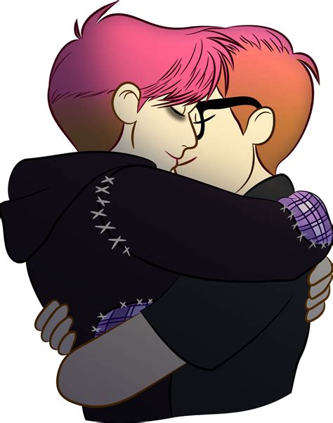 two people hugging each other while one person is wearing glasses and the other has pink hair