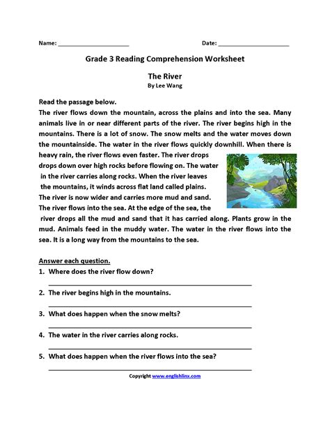 Free printable reading comprehension worksheets for grade 3. The River Third Grade Reading Worksheets (With images ...