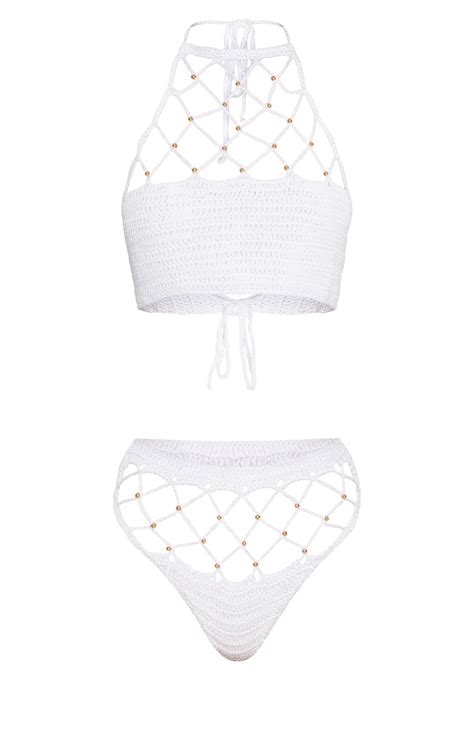 White Crochet Beaded Bikini Prettylittlething