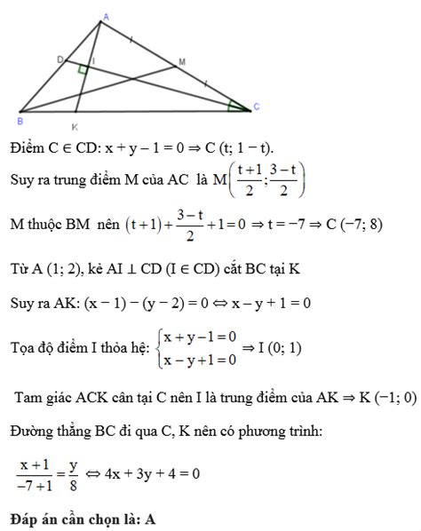 Trong mặt phẳng với hệ toạ độ Oxy cho tam giác ABC có đỉnh A phương trình đường trung