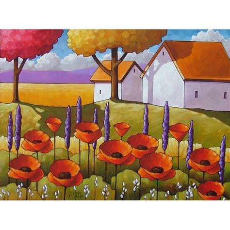 Original Painting Modern Folk Art Cottage Barns Garden Red Poppies