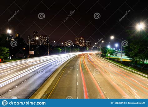 Long Exposure Shot At Night Overlooking North Bound Lake Shore Drive In