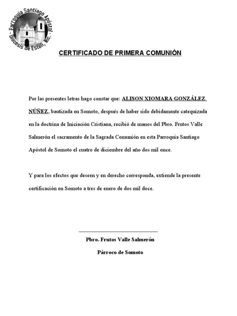Certificado De Primera Comunión Rituales Religiosos Rituales