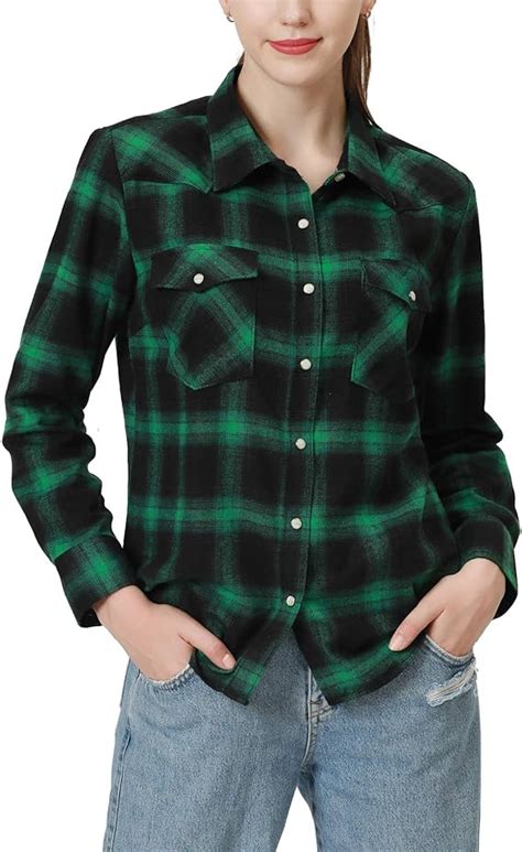 Snap Buttons Flannel Shirts For Women Long Sleeve Shirts For Women Plaid Women Shirts Amazon