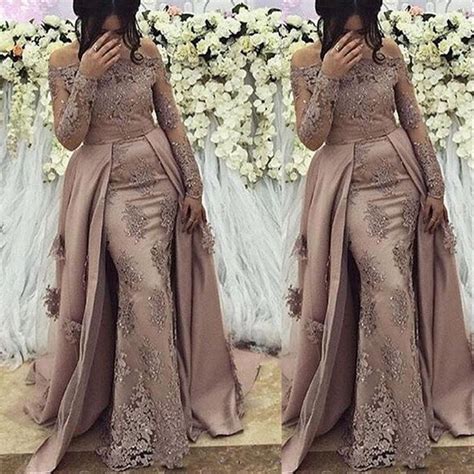 New Sexy Arabic Evening Dresses Wear For Women Off Shoulder Mermaid Long Sleeves Lace Appliques