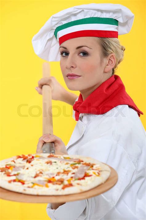 Female Pizza Chef With A Wooden Peel Stock Image Colourbox