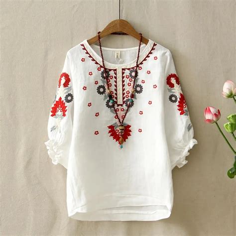 Vintage White Floral Embroidered Blouses For Women Loose Half Lantern