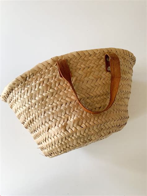 Vintage Woven Basket Purse With Double Leather Handles Etsy