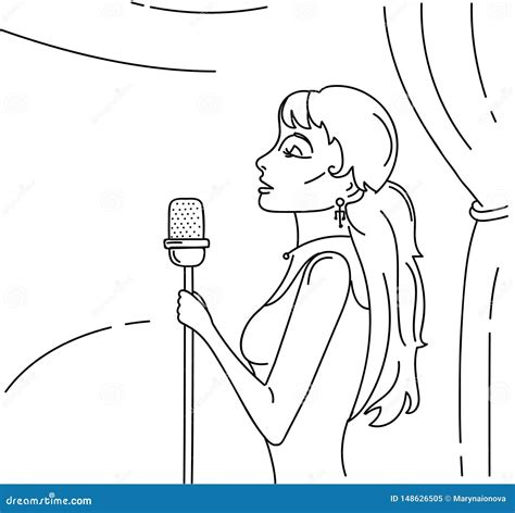 Young Beautiful Woman Singing On Stage In Microphone Outline Graphic