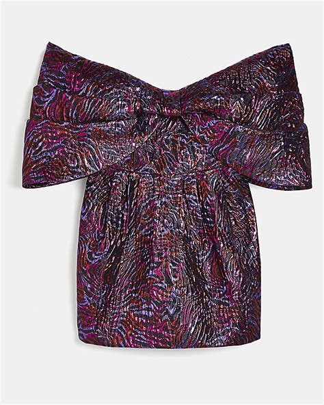 Purple Bow Bardot Bodycon Mini Dress River Island