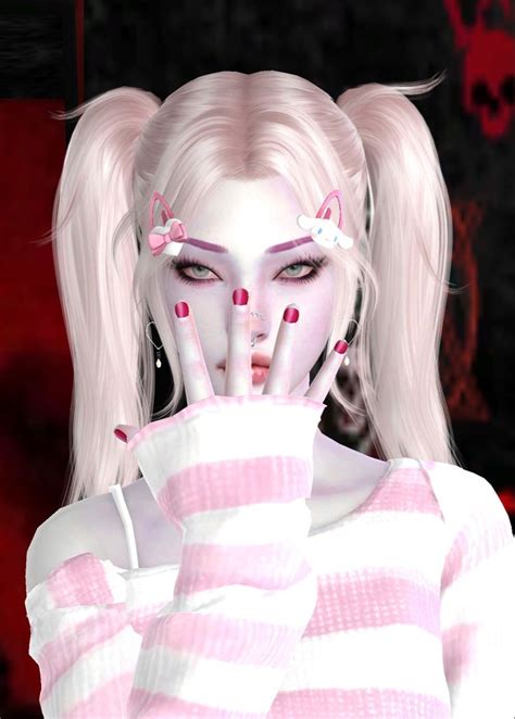 A Woman With White Hair And Pink Makeup Holding Her Hands To Her Face