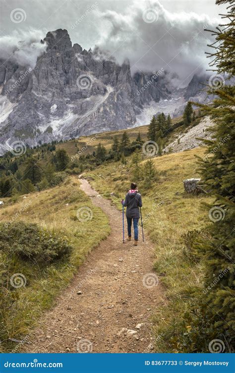 Tourist Girl At The Dolomites Stock Image Image Of Landscape Path